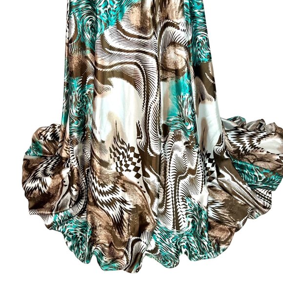 Animal Print Maxi Dress S Beaded Halter Brown Teal Flowy Mobwife Charmeuse - Picture 4 of 8